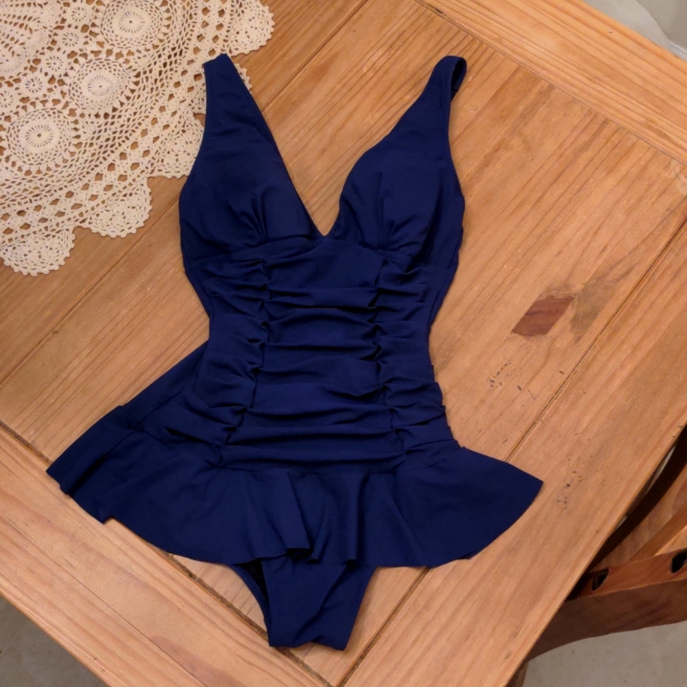 Navy "Profile by Gottex" One Piece  Ruched Front, Ruffle Swimsuit, Size 10